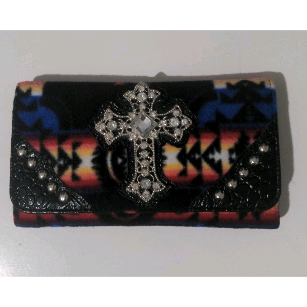 Women's Silver Cross Religious Bright Fleece Fabric Covered Wallet 8" X 5" - Picture 1 of 9